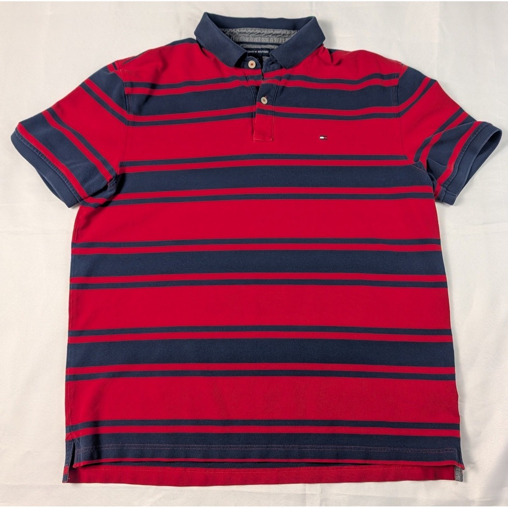 Tommy Hilfiger Mens Polo Shirt Large Red Navy Blue Striped Short Sleeve Pique